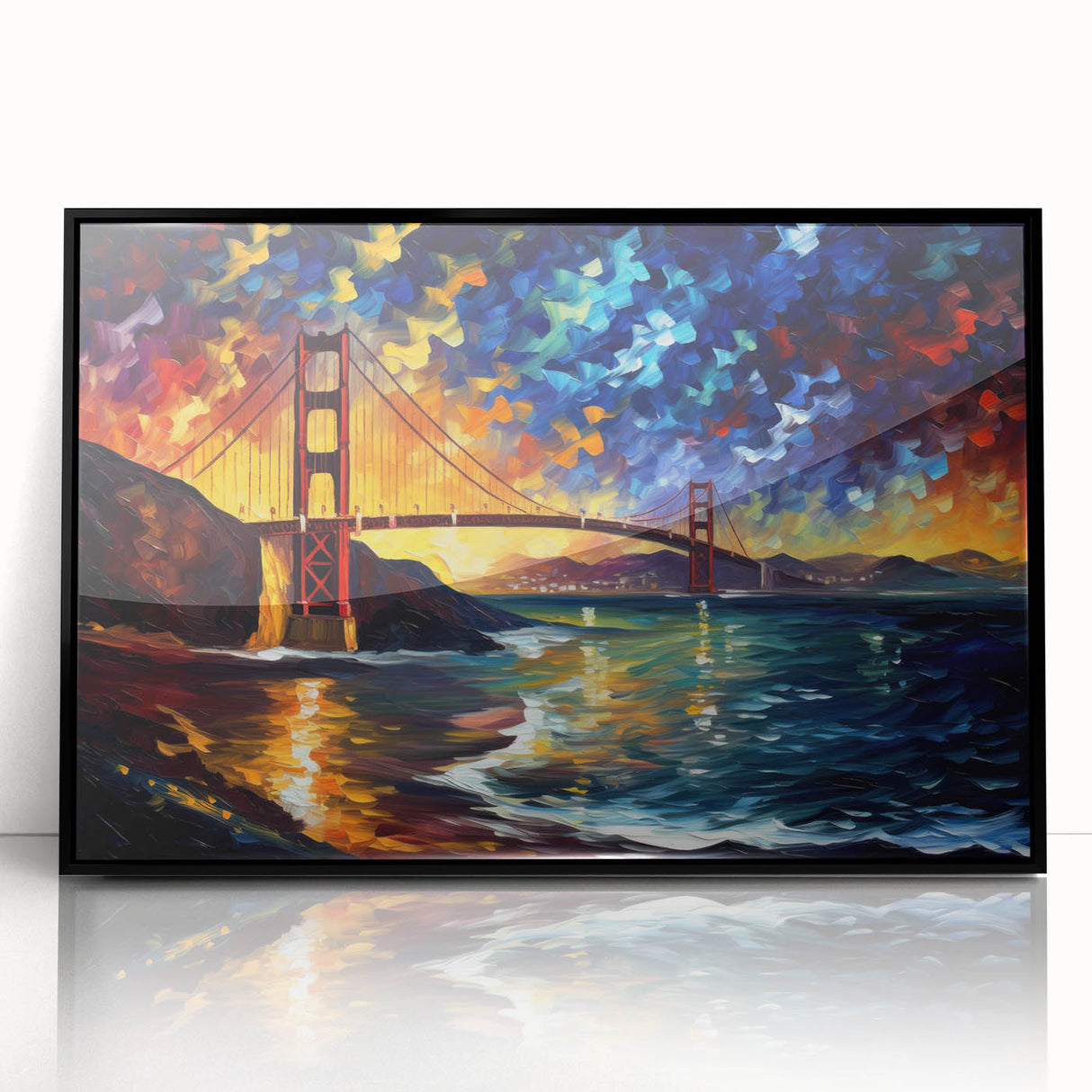 Large abstract wall art depicting the San Francisco skyline in muted gray and blue tones on a framed acrylic panel.