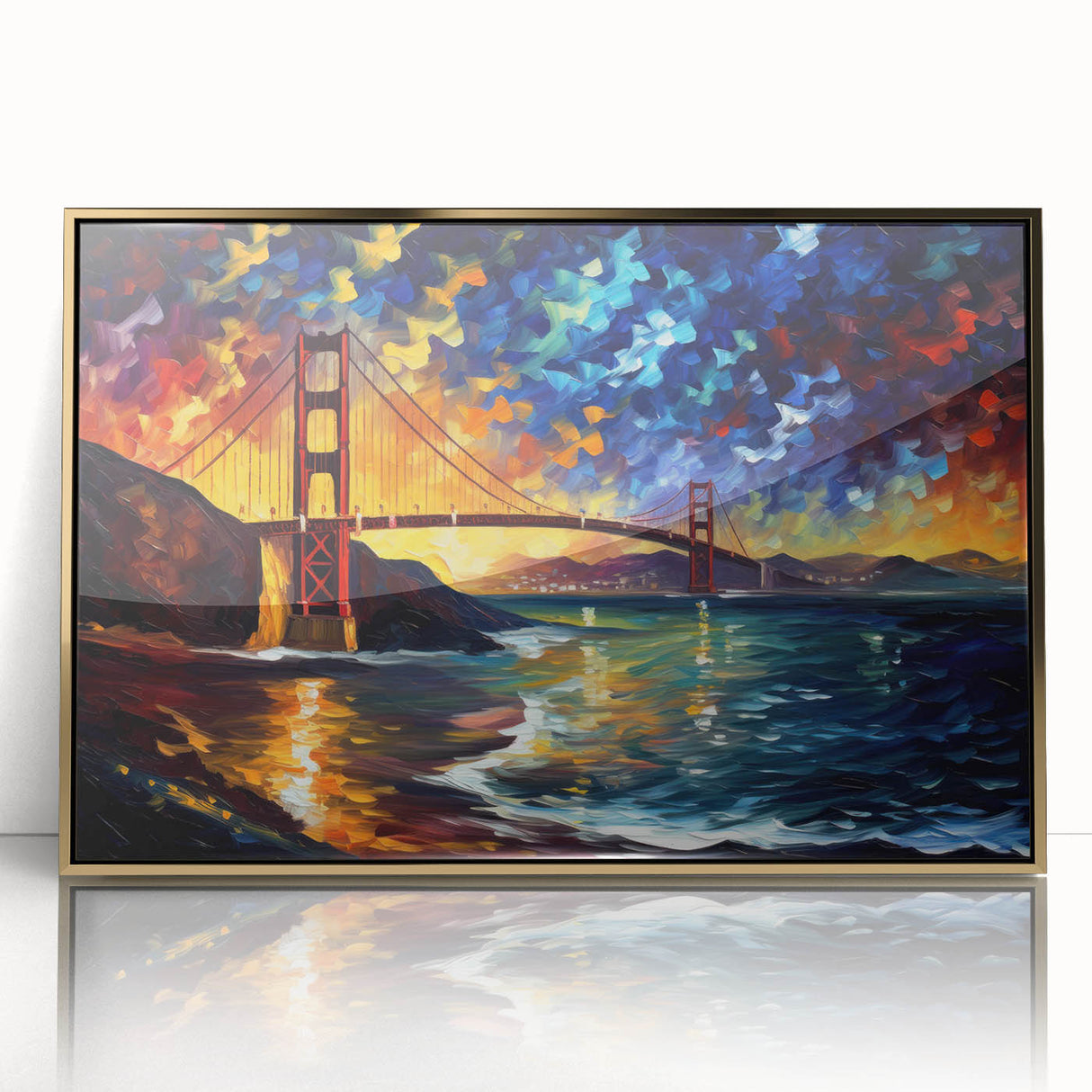Framed acrylic print of the San Francisco skyline in gold and blue tones, suitable for modern art wall decor.
