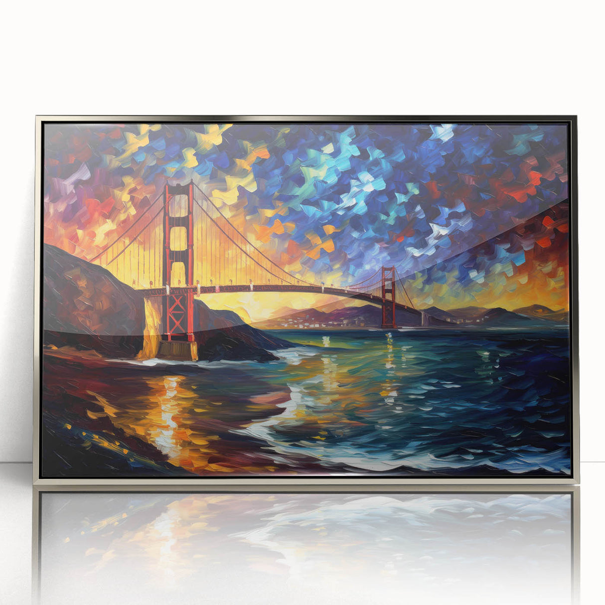 Mid-century modernist art of San Francisco skyline in muted colors on a framed acrylic, ideal for modern art wall decor.