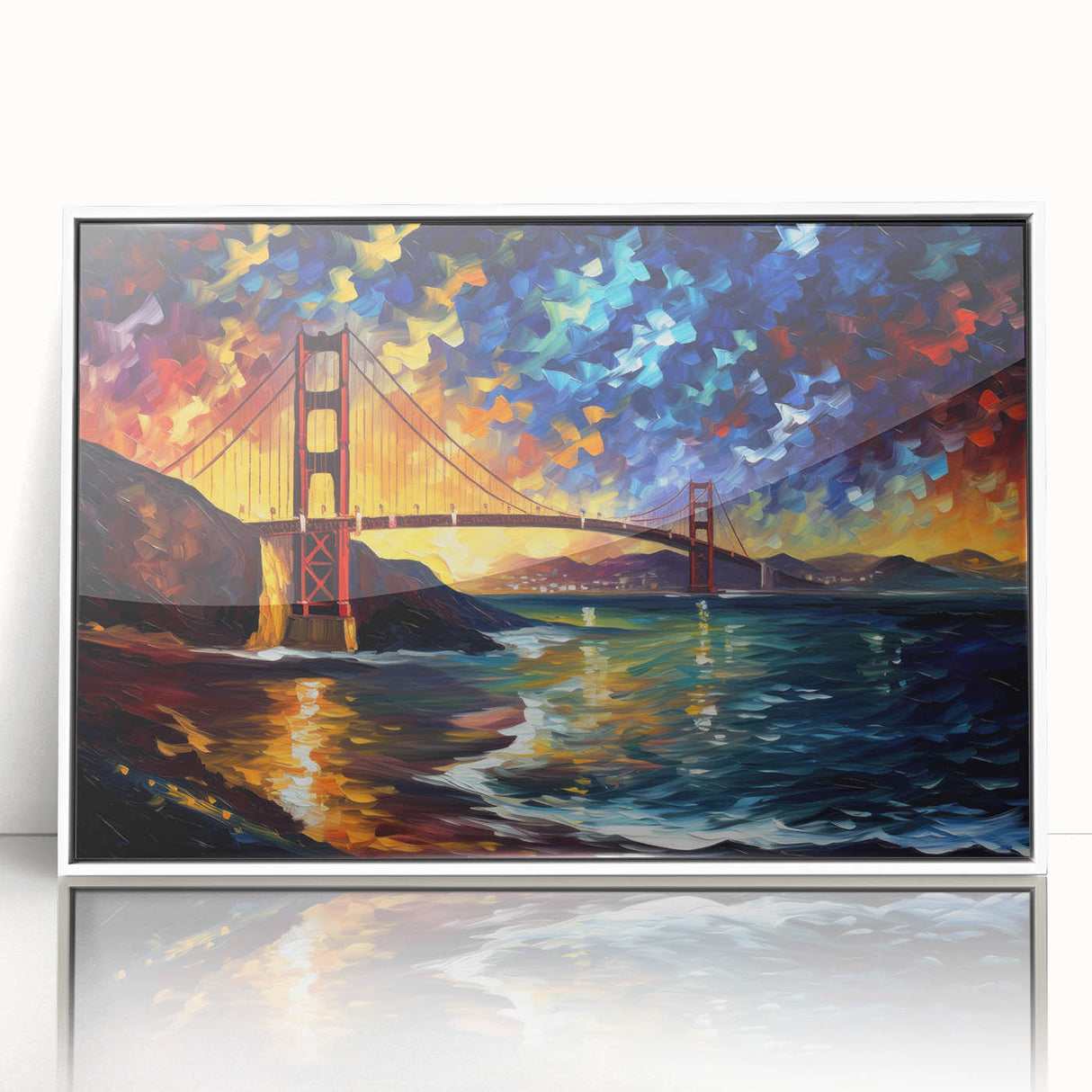 Art deco poster of San Francisco skyline in muted blue tones, acrylic print framed in white.