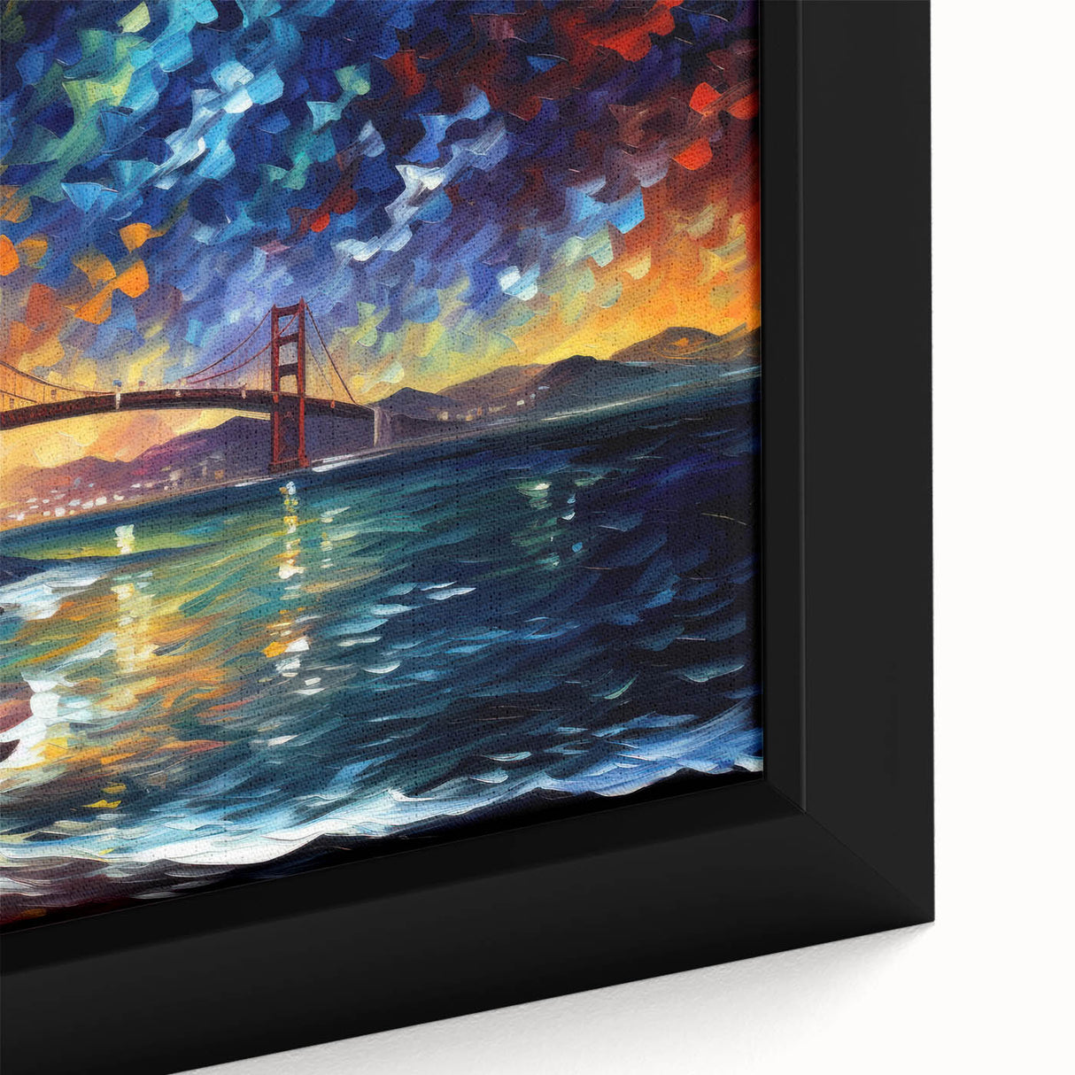 Extra large framed canvas featuring a textured depiction of San Francisco in black with colorful highlights.