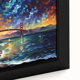 Extra large framed canvas featuring a textured depiction of San Francisco in black with colorful highlights.