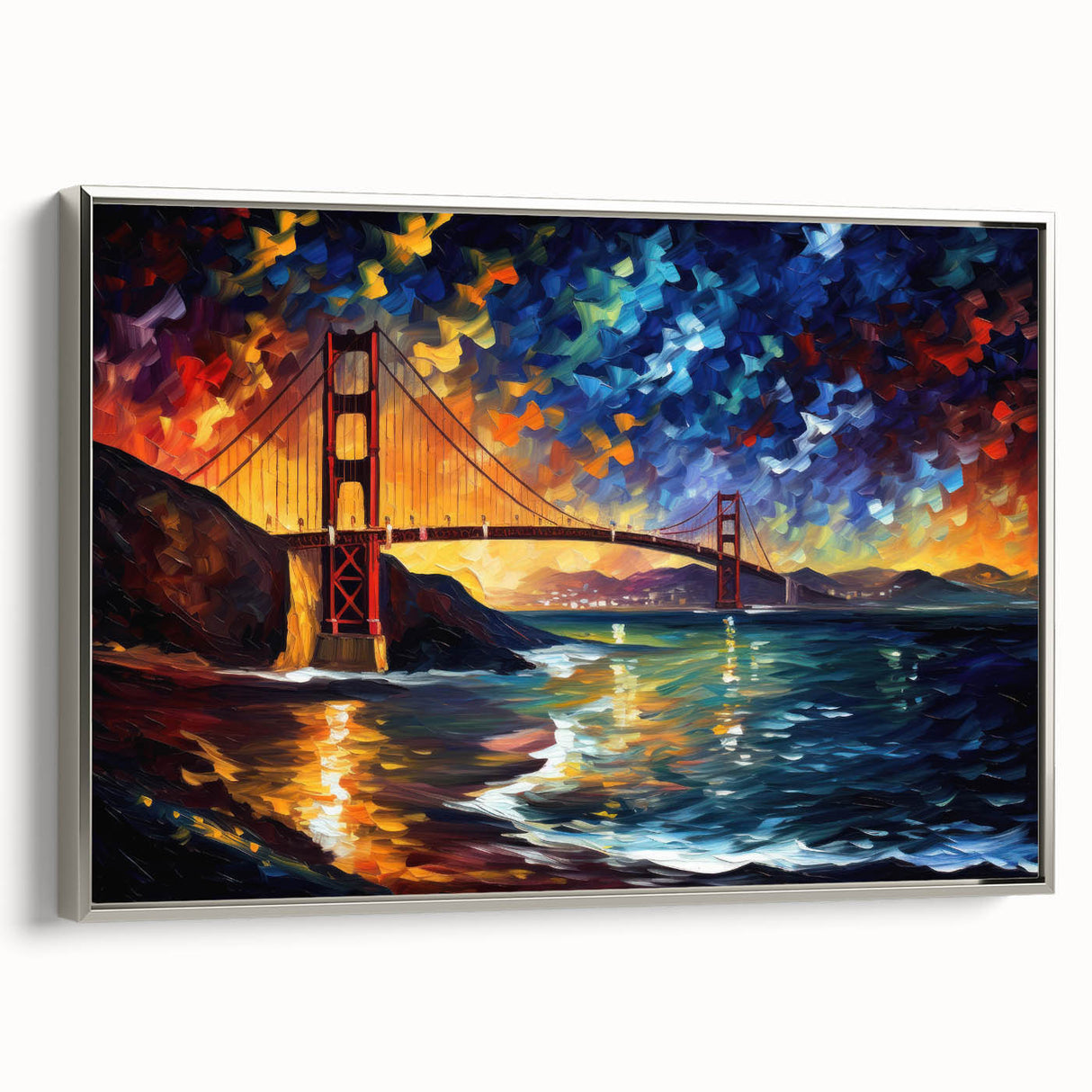 Framed canvas landscape art painting of San Francisco, featuring colorful vintage poster art on a black background.