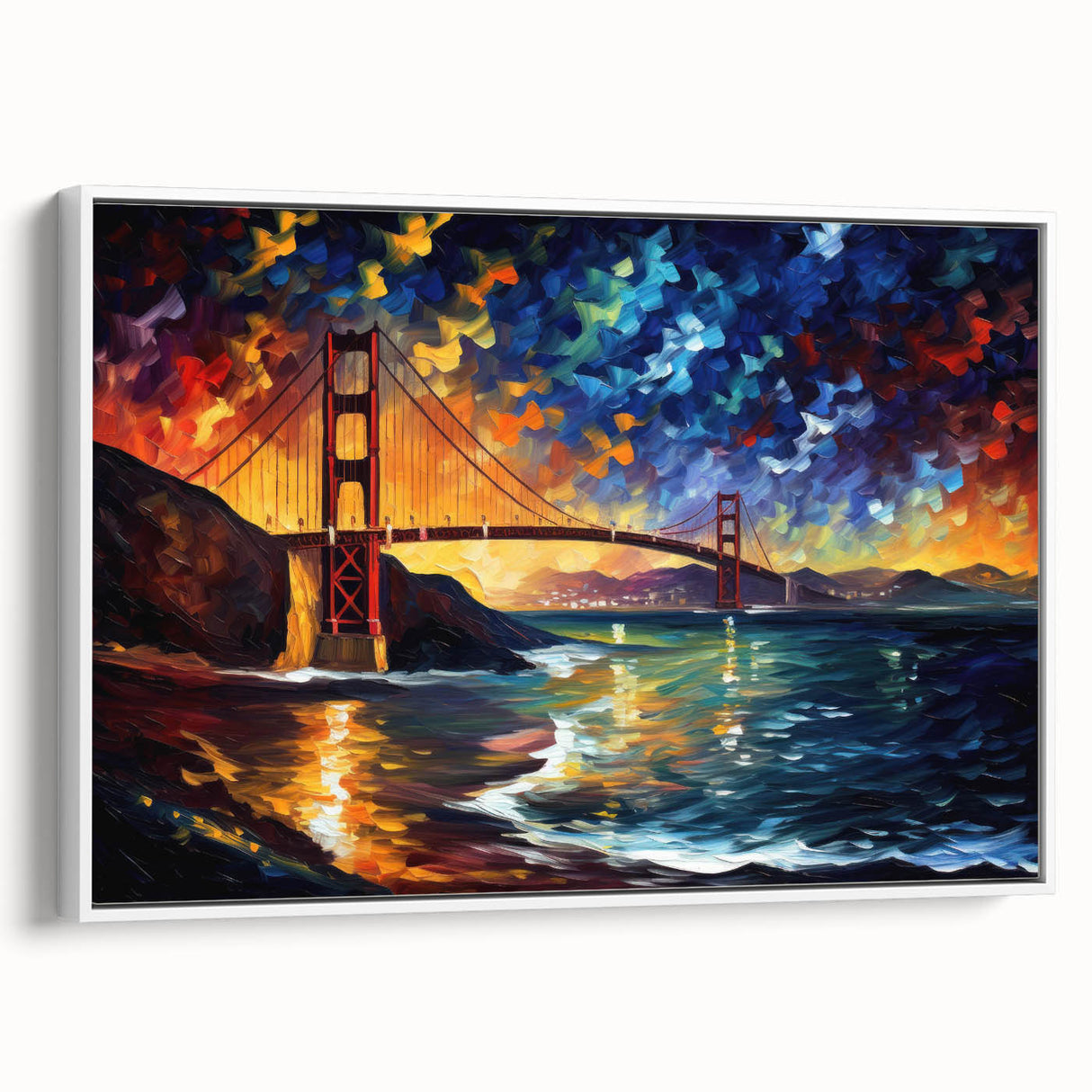 Vintage poster art of San Francisco skyline in colorful hues on extra large framed canvas, ideal for living room decor.