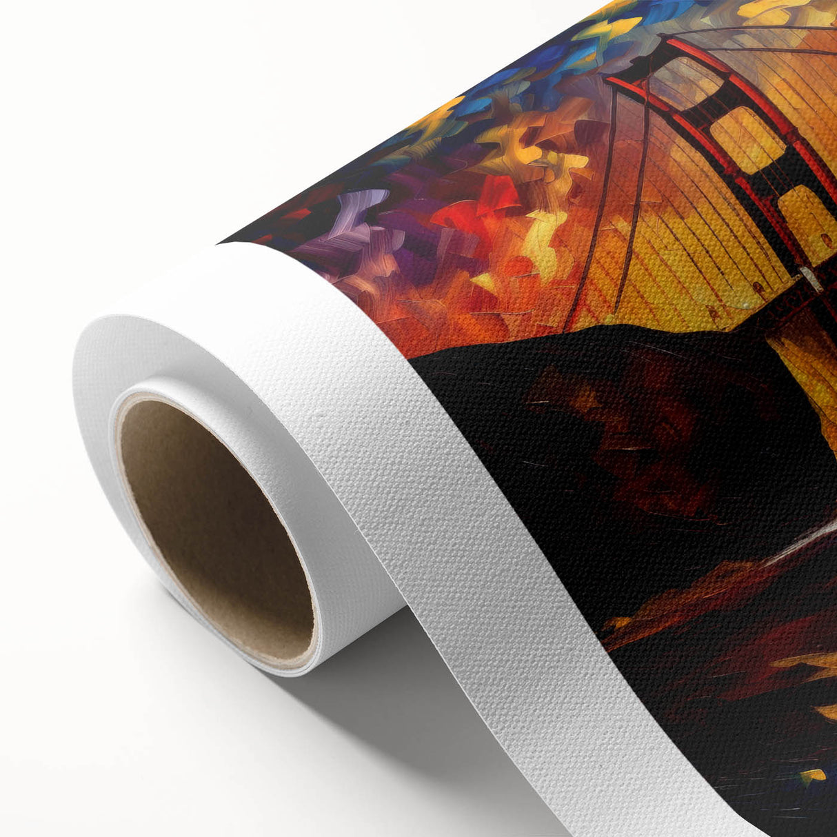 Art deco poster of San Francisco skyline in pastel shades on rolled canvas, ideal for nursery wall art.