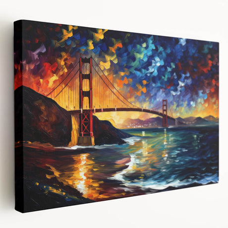Side view of a stretched canvas featuring the San Francisco skyline in muted earth tones, ideal for kitchen wall art.