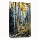 Acrylic print of a Colorado Aspen landscape in natural hues, ideal for dining room decor.