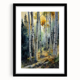 Extra large, textured abstract art print of colorful Aspen scenery on a framed black mat, ideal for living room decor.