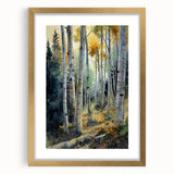 Abstract art print of Aspen scenery in gold frame, featuring textured earth tones.