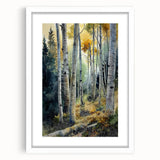 Abstract art print of Aspen, Colorado with muted earth tones on a framed white mat, suitable for dining room decor.
