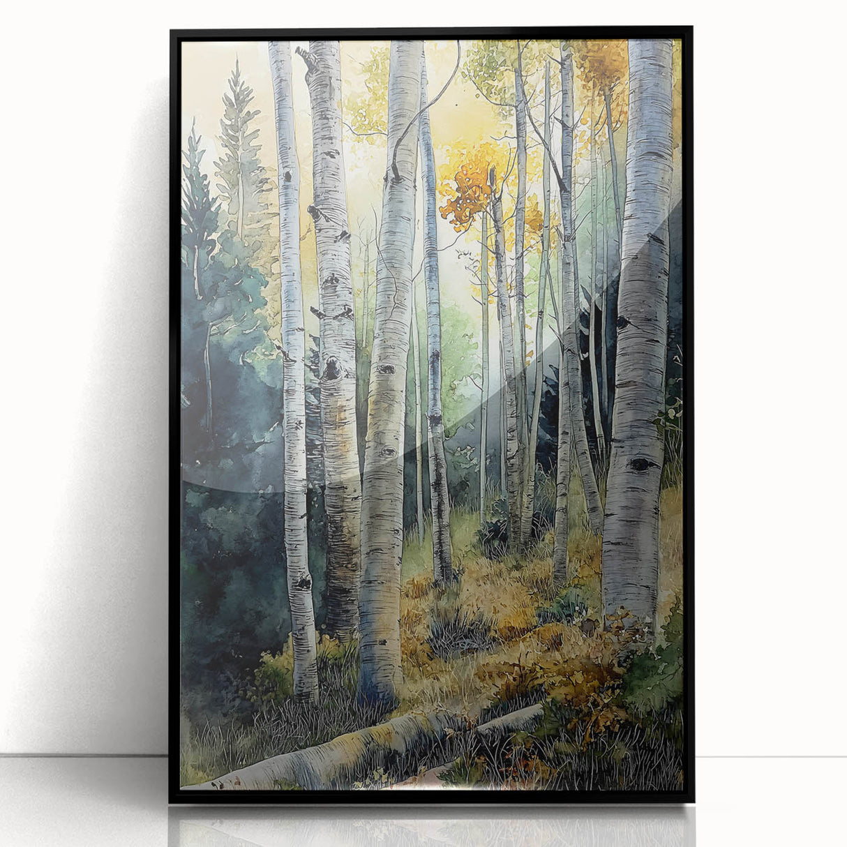 Large abstract wall art depicting an Aspen, Colorado scenery in muted earth tones, framed in black acrylic.