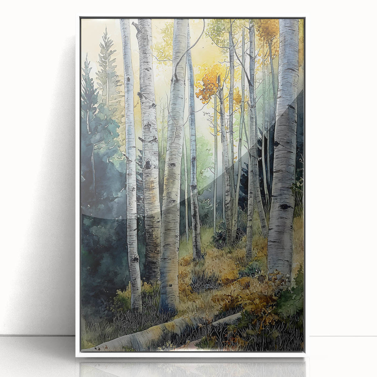 Acrylic print of Aspen, Colorado scenery with vivid fall colors on a white frame, suitable for modern art wall decor.