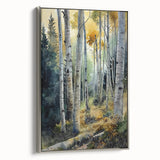 Framed canvas depicting a vintage-style landscape of Aspen, Colorado, with vibrant autumn colors.
