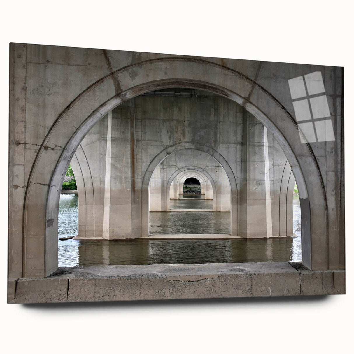 Large abstract wall art on acrylic glass depicting serene Connecticut scenery in soft blue and green tones.