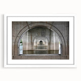 Abstract art print of Connecticut scenery in muted green and blue tones on a white framed canvas.