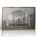 Acrylic print of Connecticut scenery in mid-century modernist style with gold frame, suitable for modern art wall decor.