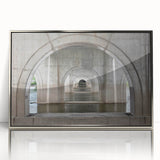 Mid-century modernist art depicting Connecticut scenery in muted earth tones on a silver-framed acrylic print.