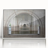 Art Deco-style poster of Connecticut scenery with muted green and blue tones, framed in white acrylic.