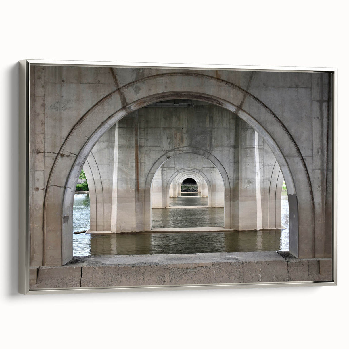 Landscape art painting of Connecticut scenery on framed canvas, using a palette of muted grays and vibrant greens.