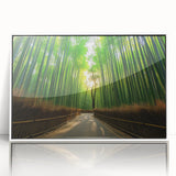 Art Deco poster of a Maui, Hawaii scenery in muted green and blue tones on framed acrylic.