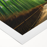 Art deco poster of a Maui, Hawaii scenery in muted blue and green tones on rolled canvas, suitable for dining room wall art.