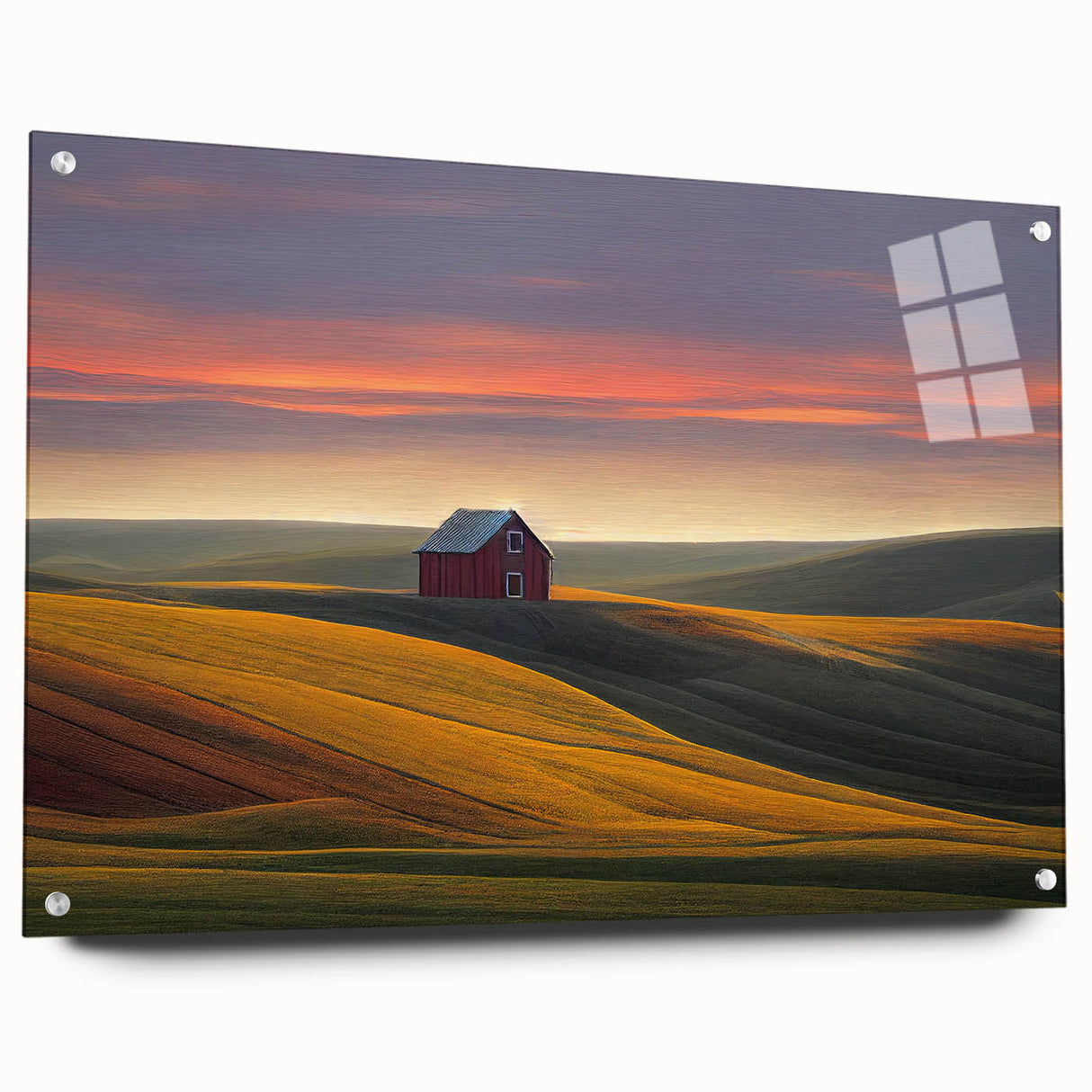 Acrylic print of a large abstract landscape in Idaho, featuring earth tones and blue skies.
