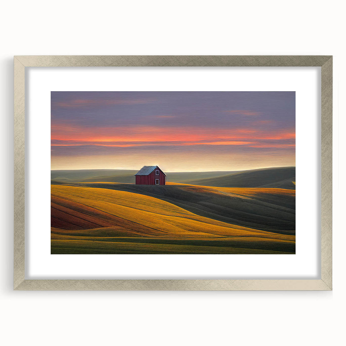 Textured abstract art print of Idaho scenery in silver frame with mat, displaying earthy tones, ideal for bedroom art.