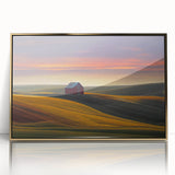Mid-century modernist Idaho landscape on large acrylic framed print, with gold tones, suitable for modern art wall decor.