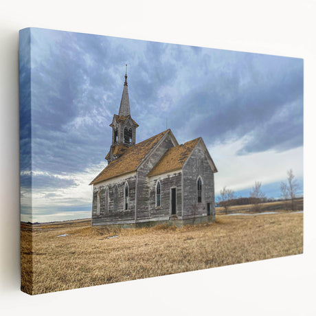 Large art depicting a serene Iowa landscape on stretched canvas, featuring muted green and blue tones.