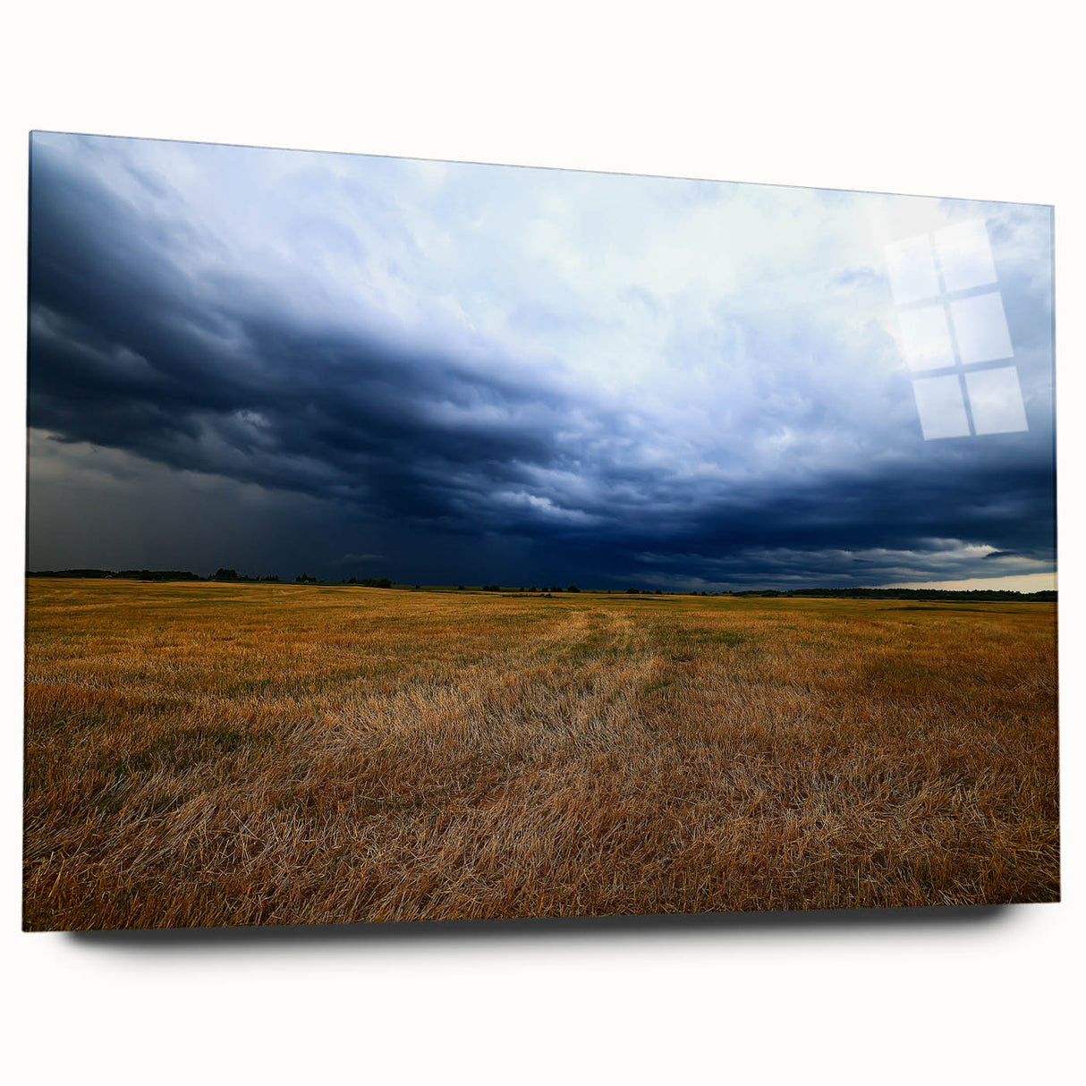 Large abstract wall art depicting a Kansas scenery in muted earth tones on acrylic glass.