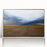 Art deco poster of Kansas scenery in muted earth tones on a framed acrylic, ideal for modern art wall decor.
