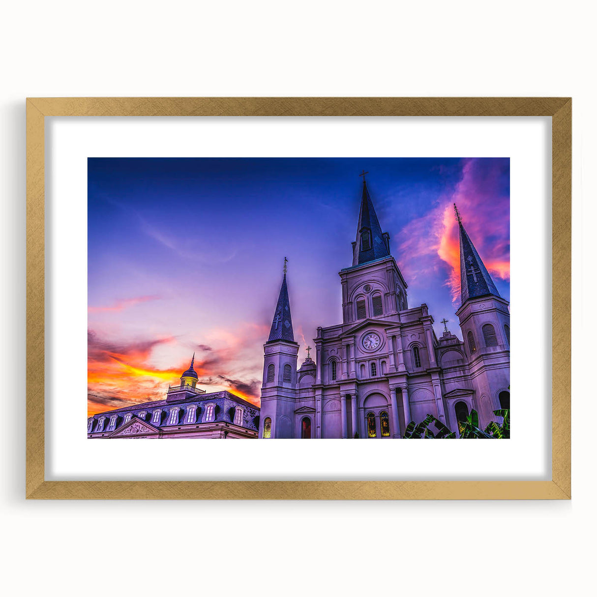 Abstract art print of a textured New Orleans scene in muted earth tones, framed in gold, ideal for living room decor.