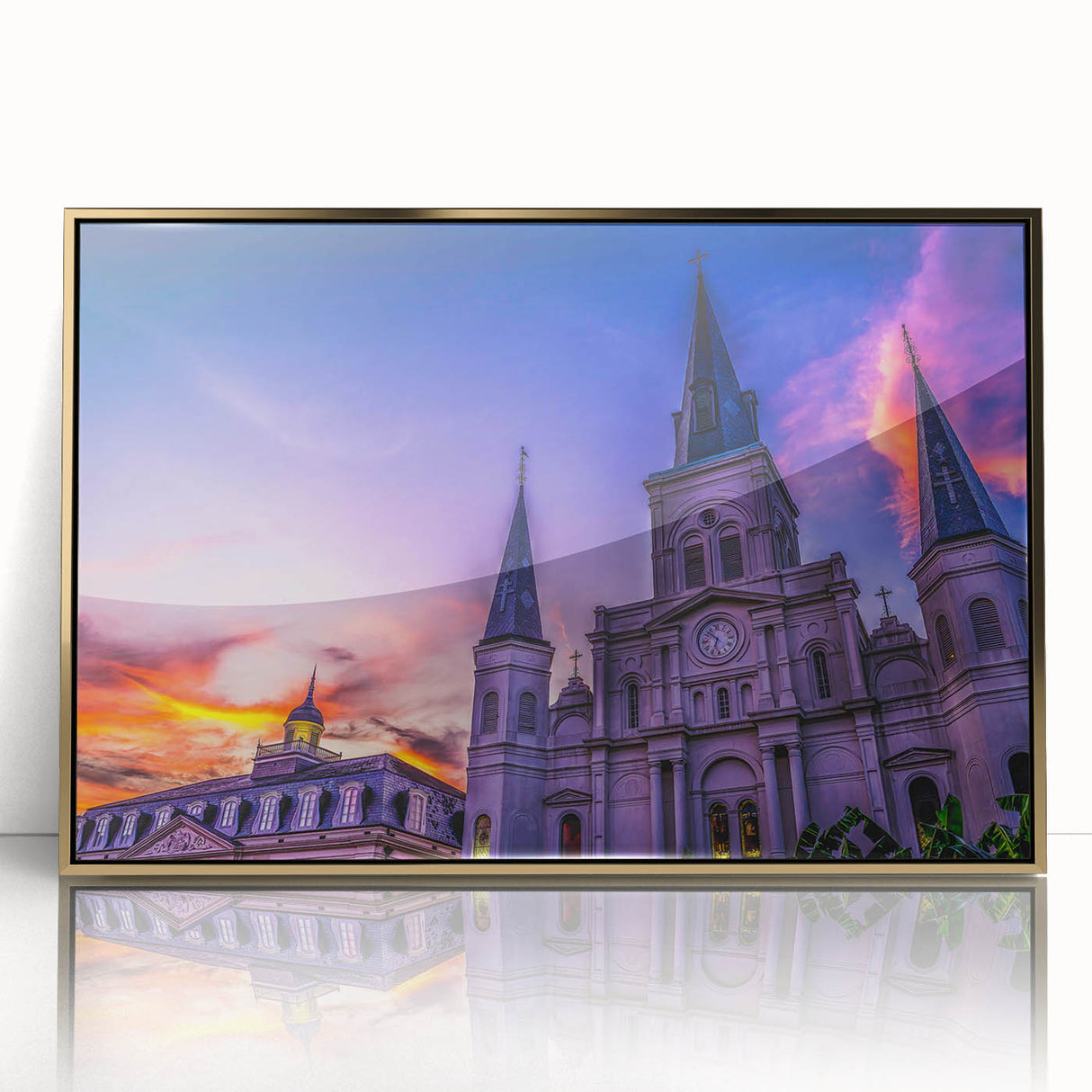 Acrylic print of New Orleans scenery in gold frame, featuring mid-century modernist style.