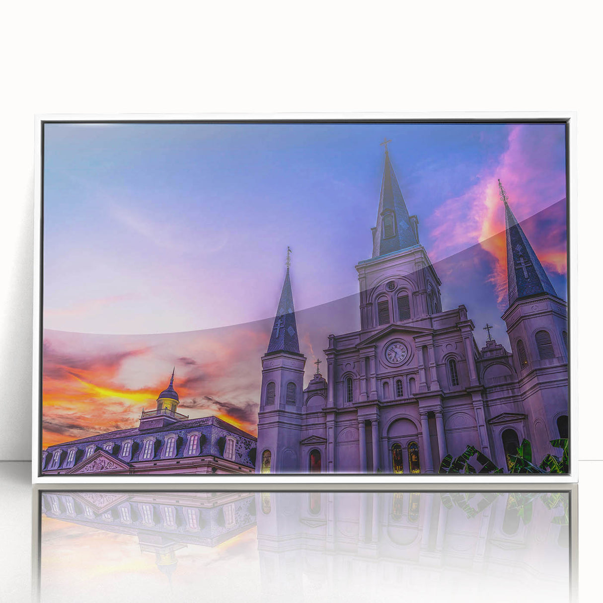Art Deco style poster of New Orleans landscape in muted colors on framed acrylic, ideal for modern art wall decor.