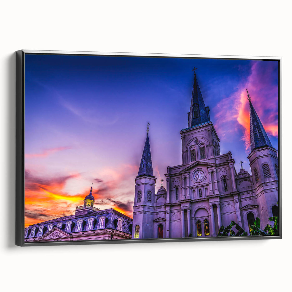 Black and white framed canvas of New Orleans landscape, ideal for bedroom wall decor.