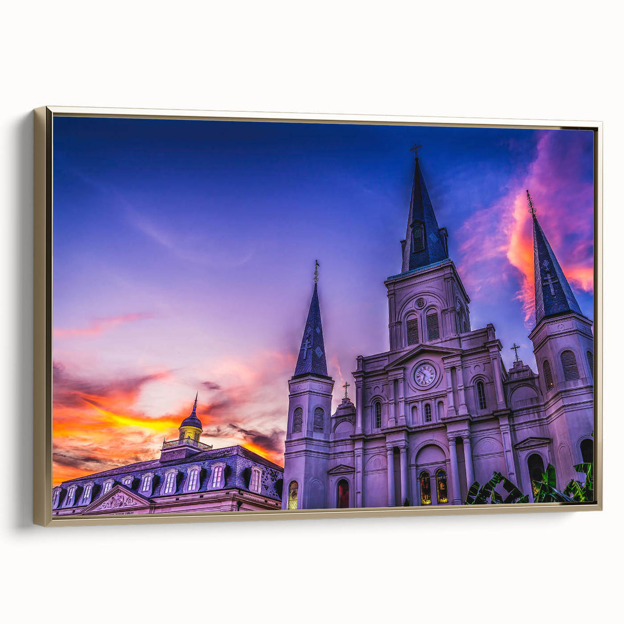Framed canvas of a vintage-style New Orleans landscape in black and gold tones, ideal for bedroom wall art.