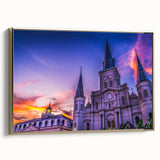Framed canvas of a vintage-style New Orleans landscape in black and gold tones, ideal for bedroom wall art.