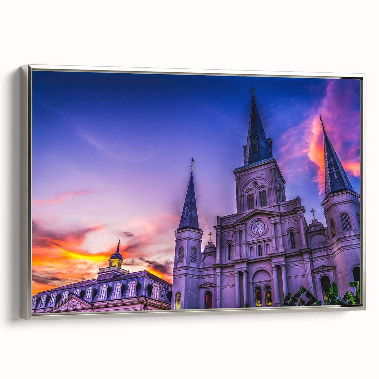 Landscape art painting of New Orleans in muted green and silver tones on a framed canvas, suitable for living room decor.