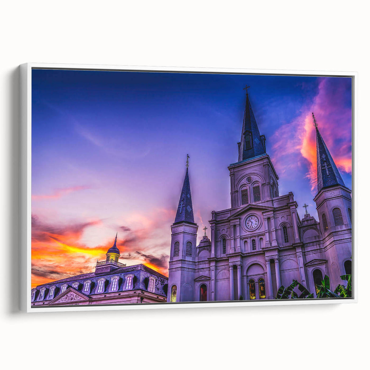 Vintage poster art of New Orleans scenery on a framed canvas, featuring colorful art in extra large format.