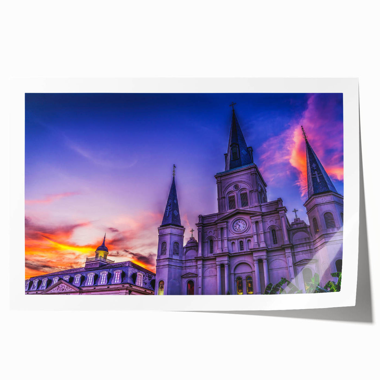 Rolled print of New Orleans scenery with vivid floral elements on canvas, ideal for art wall dining room.