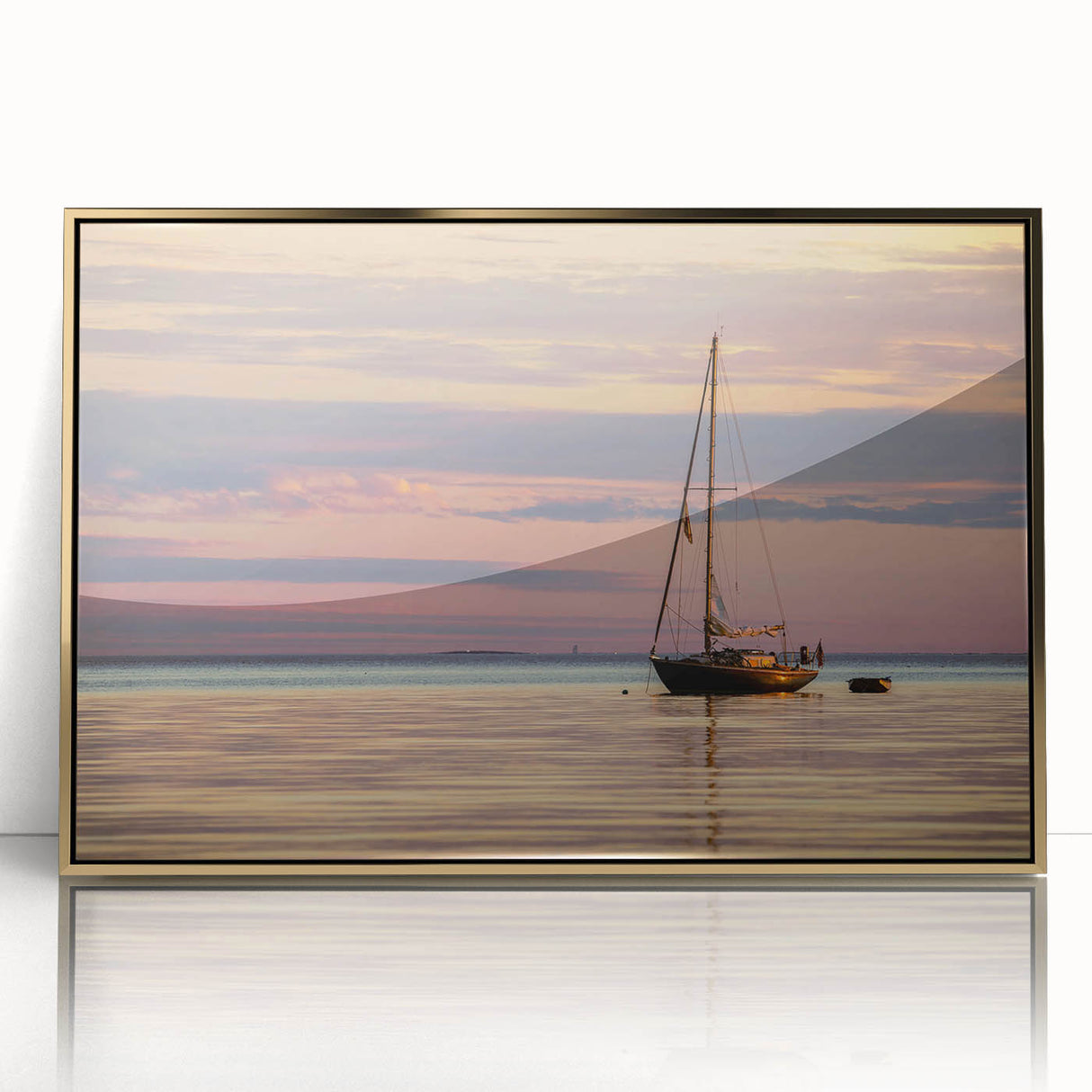 Acrylic print of a Louisiana landscape in gold hues, framed, mid-century modernist style, suitable for nursery wall art.