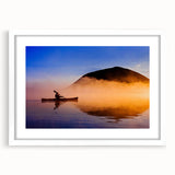 Abstract art print of Maine scenery in muted blue and green tones, framed with a white mat.