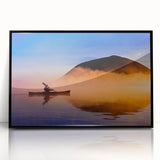 Large abstract wall art depicting a serene Maine landscape in muted greens and blues on a framed acrylic.