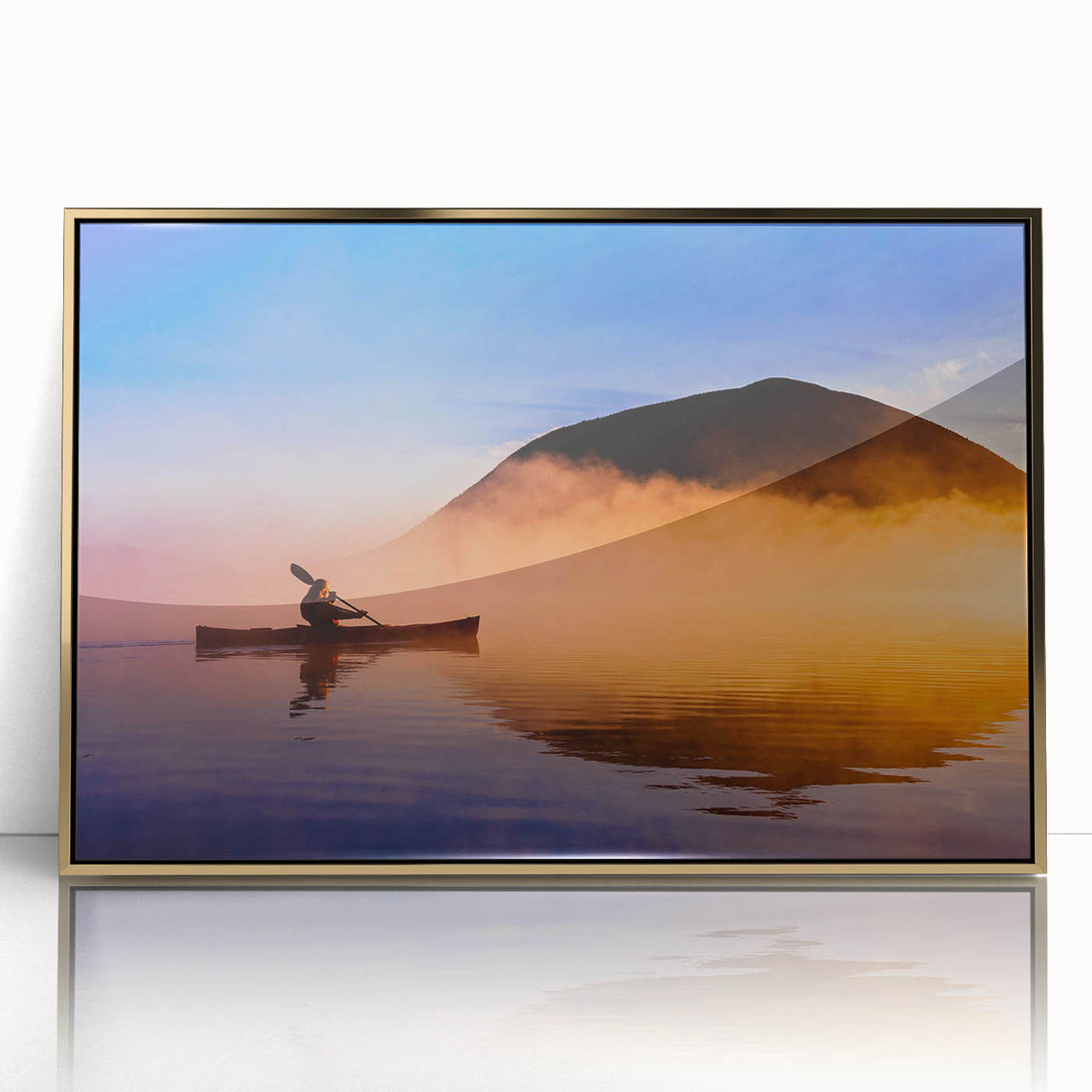 Large art print of a serene Maine landscape in muted earth tones, framed in gold acrylic, suitable for modern nursery decor.