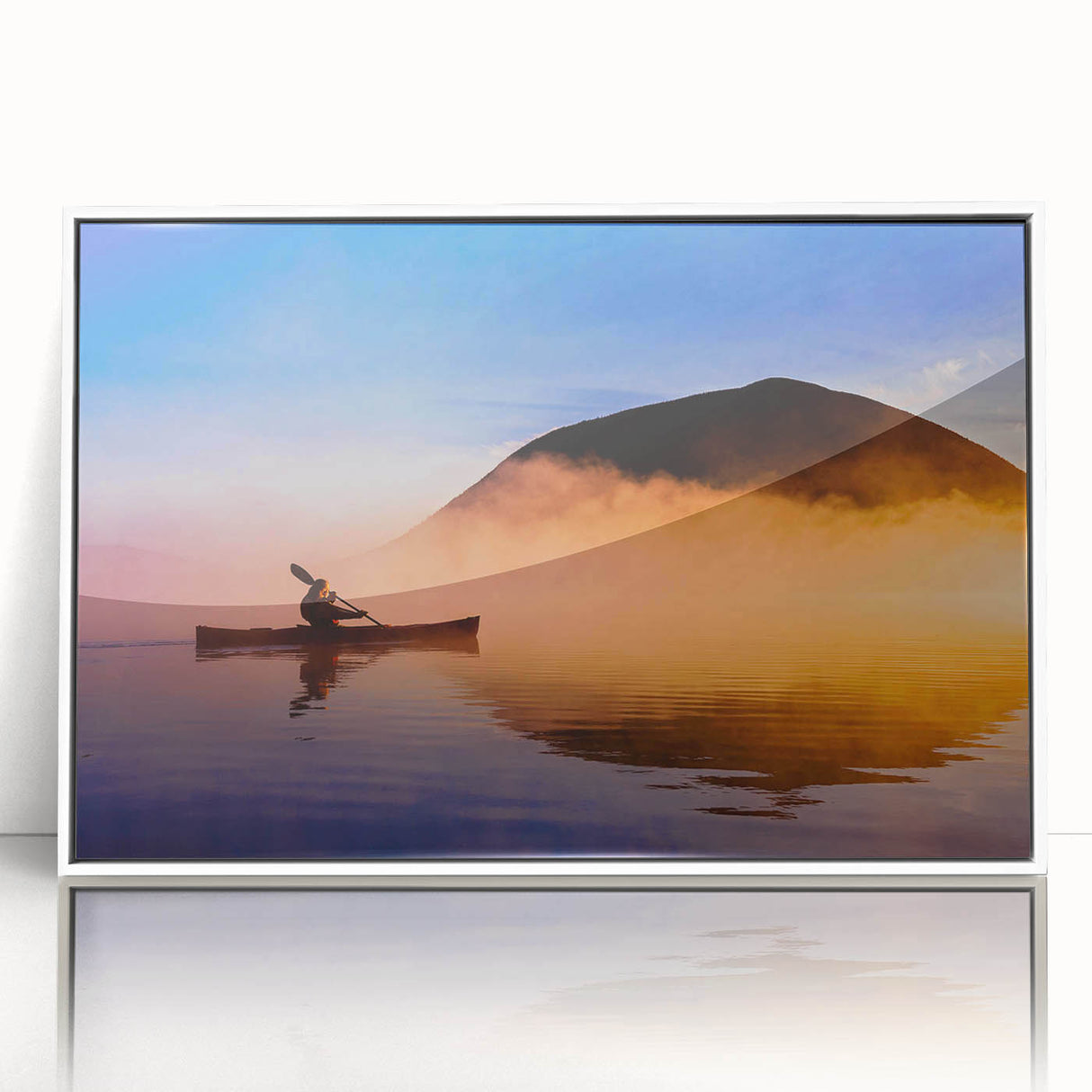 Acrylic print of a serene Maine landscape in pastel colors, framed in white.