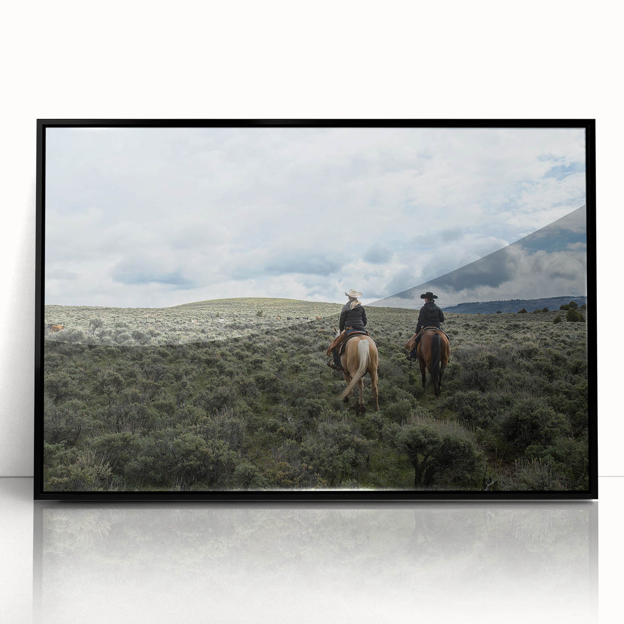 Large abstract wall art of Montana scenery in muted earth tones on a framed acrylic, suitable for modern living room decor.