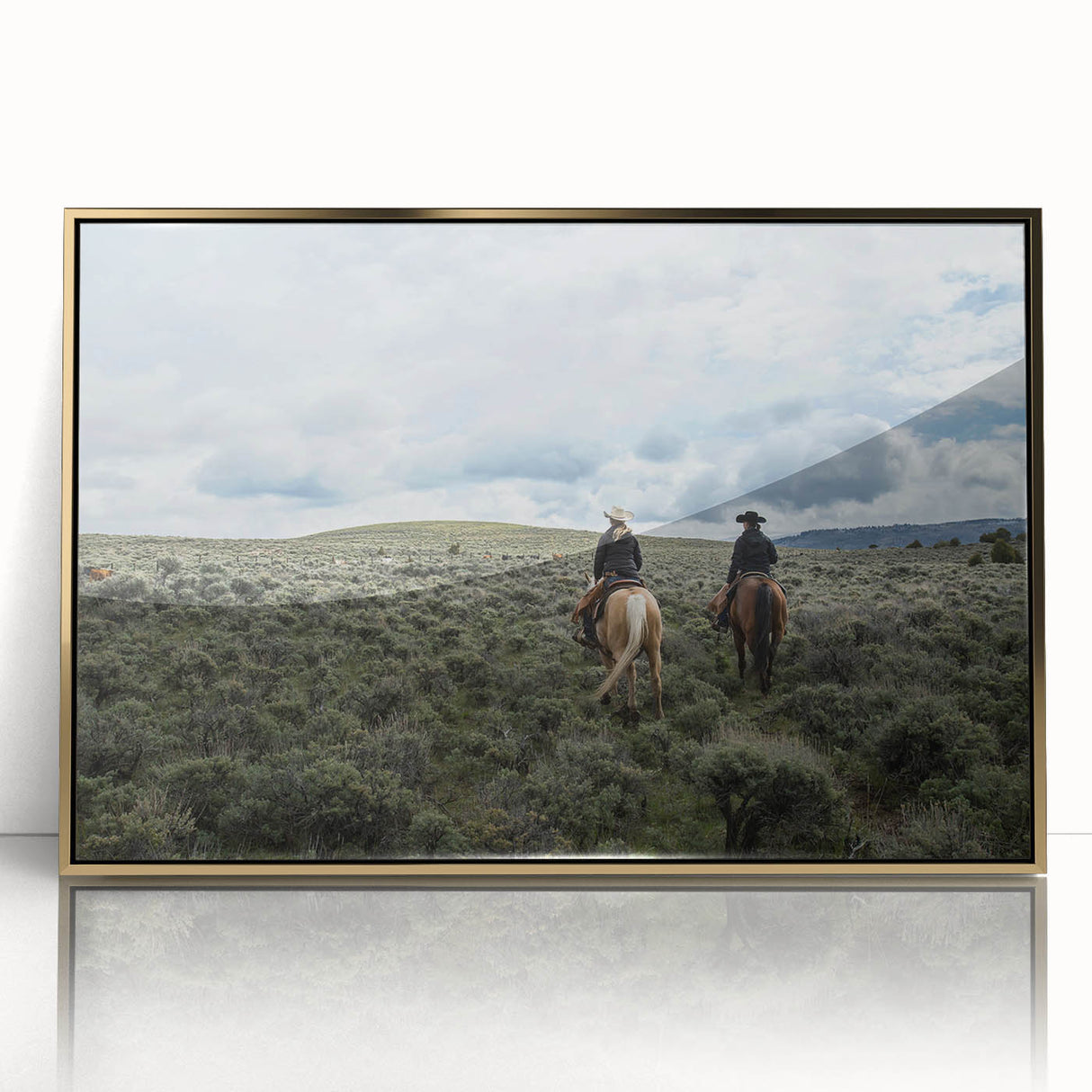 Mid-century modernist art of Montana scenery in muted earth tones on a framed acrylic, ideal for modern art wall decor.