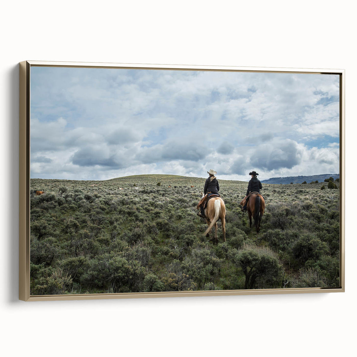 Framed canvas depicting a vintage-style Montana landscape in muted gold and black tones, ideal for bedroom wall art.