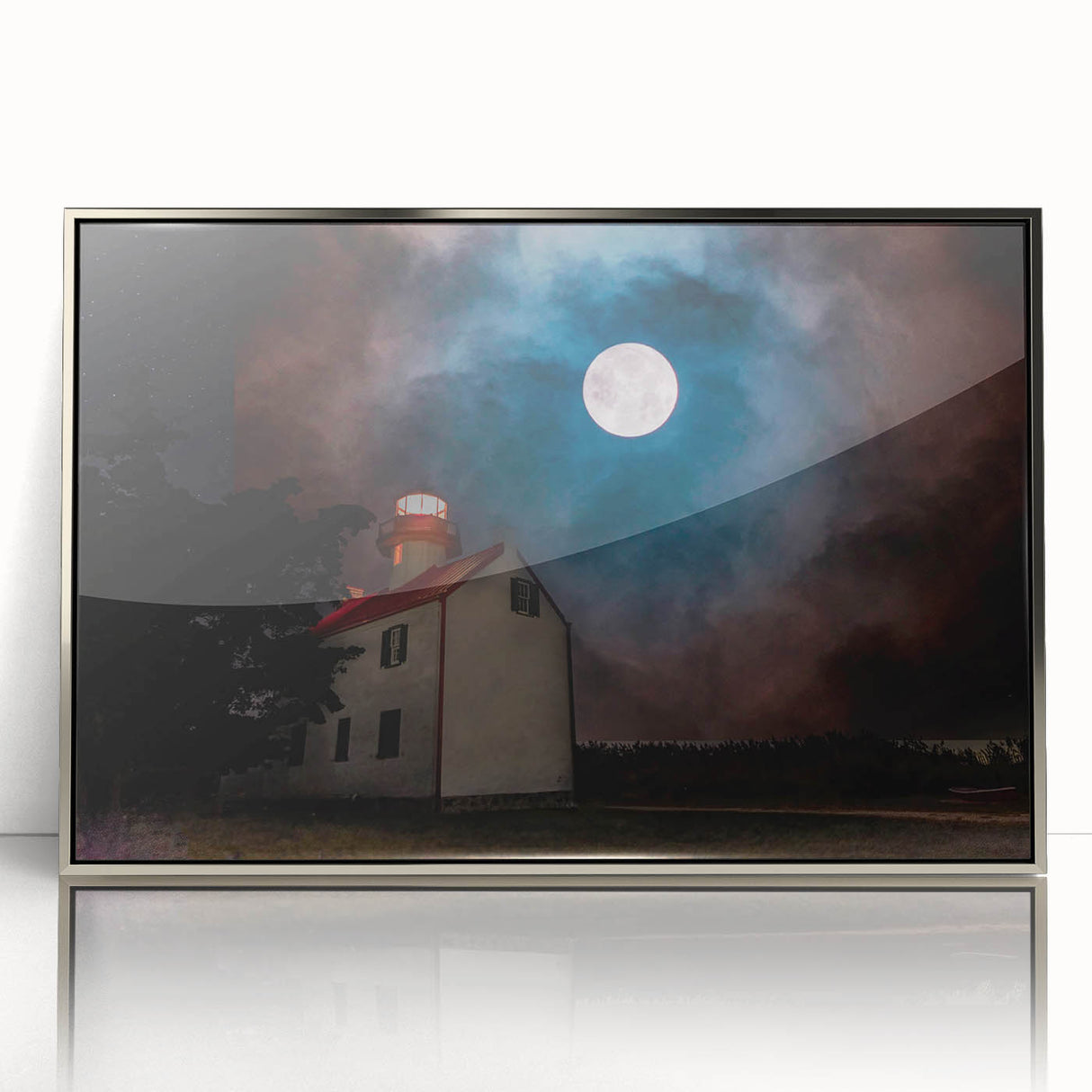 Mid-century modernist art depicting New Jersey scenery in muted earth tones on a silver-framed acrylic print.