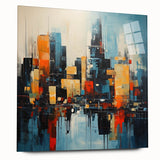 Large abstract depiction of Manhattan skyline in muted gray tones on acrylic glass, suitable for bedroom or dining room art.